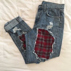 LF plaid patchwork boyfriend jeans